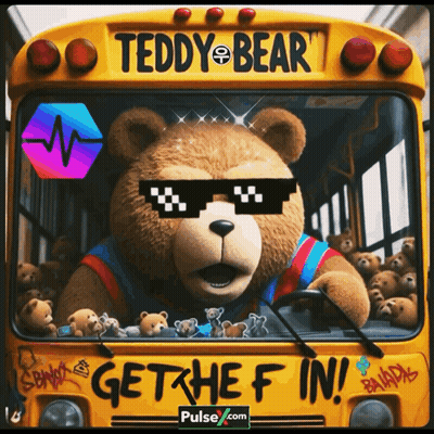 Teddy Bear In Sunglasses On School Bus Saying Get The F In GIF