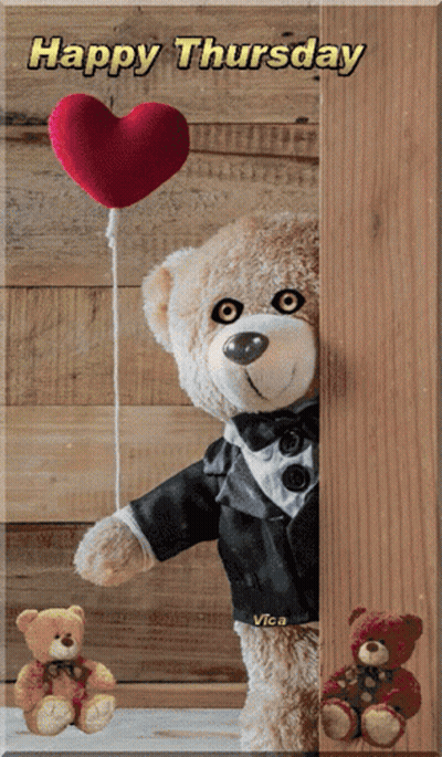 Teddy Bear In Tuxedo Holding Heart Balloon Saying Happy Thursday GIF