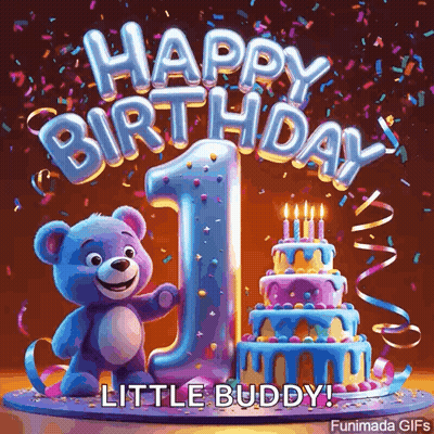 Teddy Bear Next To Birthday Cake GIF