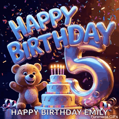 Teddy Bear Next To Birthday Cake Saying Happy Birthday Emily GIF