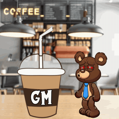 Teddy Bear Next To Coffee Cup Saying GM GIF