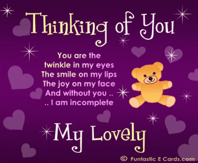 Teddy Bear On Purple Background Saying Thinking Of You GIF