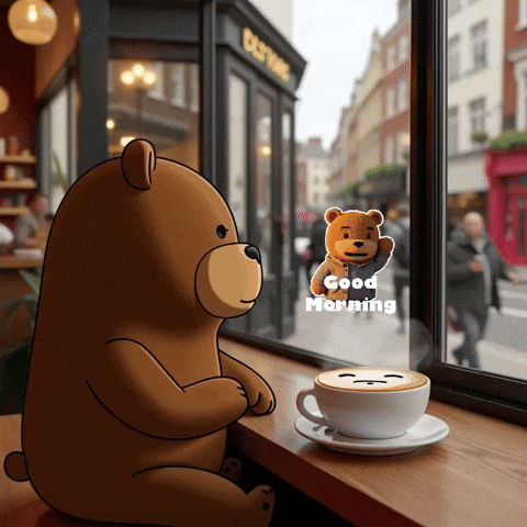 Teddy Bear On Window Sill Next To Cup Of Coffee Good Morning GIF