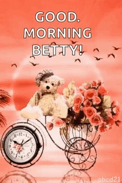 Teddy Bear Riding Bicycle With Flowers And Clock GIF