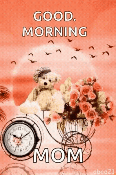 Teddy Bear Sitting On Bicycle With Flowers And Clock GIF