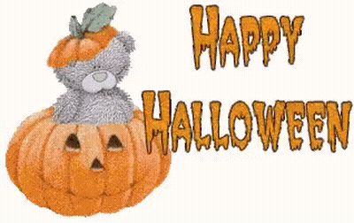 Teddy Bear Sitting On Pumpkin Saying Happy Halloween GIF