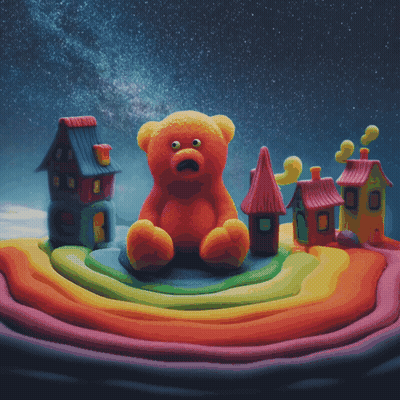 Teddy Bear Sitting On Rainbow Surrounded By Small Houses GIF