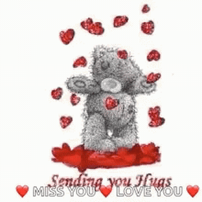 Teddy Bear Sitting On Red Hearts Sending You Hugs Miss You Love You GIF