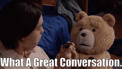 Teddy Bear Talking To Boy Holding Cookie What A Great Conversation GIF