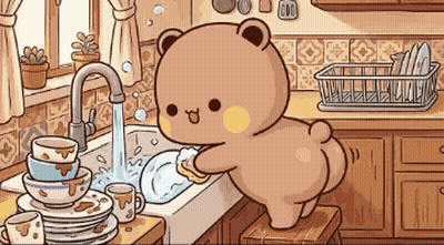 Teddy Bear Washing Dishes In Kitchen Sink GIF