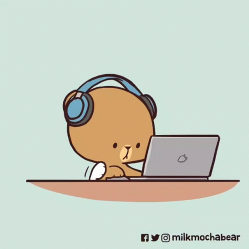 Teddy Bear Wearing Headphones And Laptop Says Gimme Attention GIF