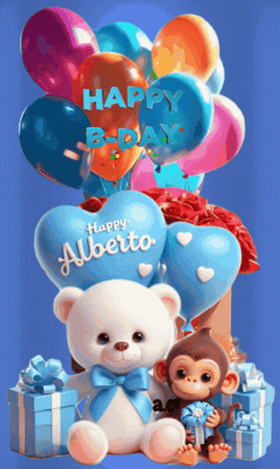 Teddy Bear With Blue Bow Surrounded By Balloons And Gifts GIF