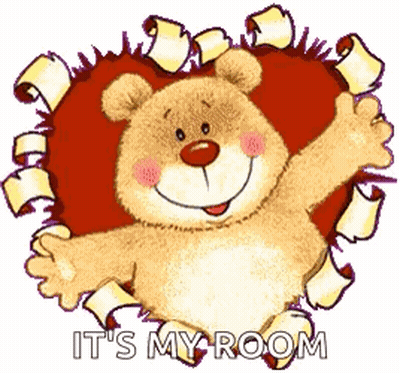 Teddy Bear With Heart Saying It's My Room GIF