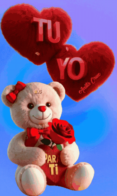 Teddy Bear With Rose And Hearts Saying Tu Yo GIF