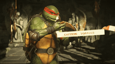 Teenage Mutant Ninja Turtle Holding Pizza Caution Toasty Sign GIF
