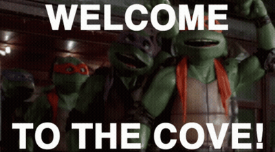 Teenage Mutant Ninja Turtles At Welcome To The Cove Sign GIF