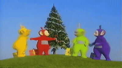 Teletubbies Decorating Christmas Tree On Hill GIF
