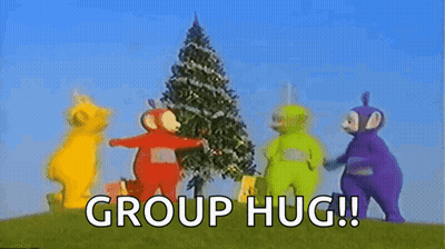Teletubbies Group Hug Around Christmas Tree GIF