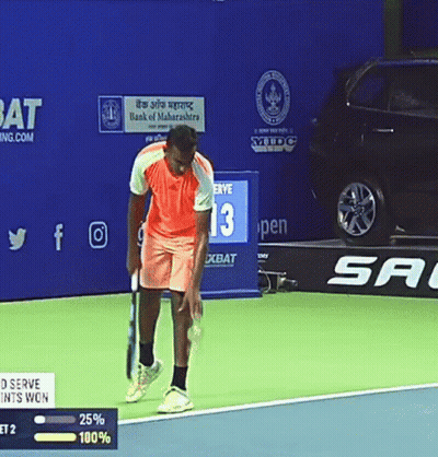 Tennis Player Standing On Court With Serve 13 Sign GIF