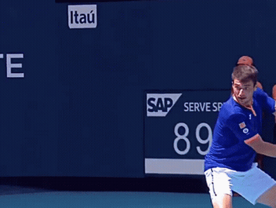Tennis Player Swinging Racket At Ball With Scoreboard 89 MP GIF