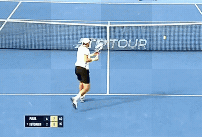 Tennis Player Swinging Racket On Court With AT&T Tour Sign GIF