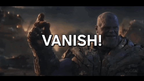 Thanos Is Holding A Rainbow Colored Infinity Gauntlet With The Words Vanish Written On It GIF