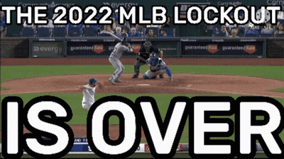 The 2022 Mlb Lockout Is Over With A Baseball Game Going On In The Background GIF