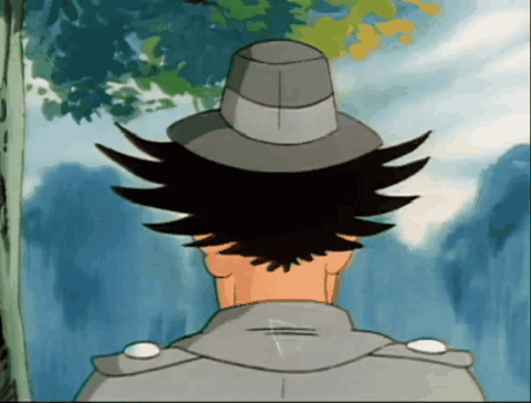 The Back Of A Cartoon Character Wearing A Hat And A Jacket GIF