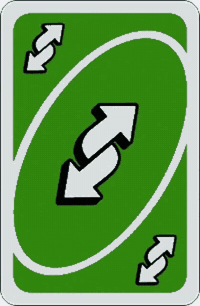 The Back Of A Green Uno Card With Two White Arrows Pointing In Opposite Directions GIF