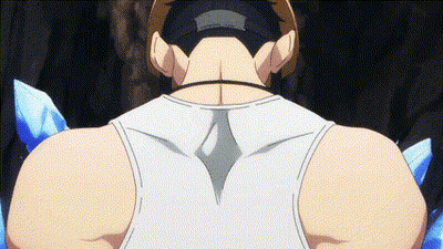 The Back Of A Man Wearing A White Tank Top And A Baseball Cap Is Shown In A Cartoon . GIF