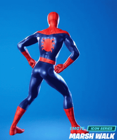 The Back Of A Spiderman Standing With His Hands On His Hips In Marsh Walk GIF