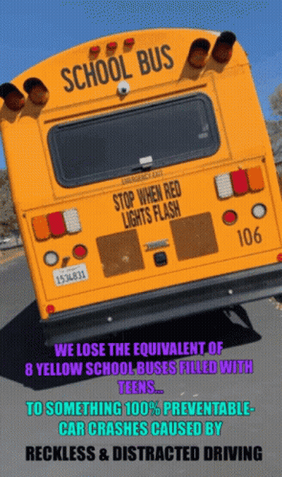 The Back Of A Yellow School Bus With The Words Stop When Red Lights Flash On It GIF