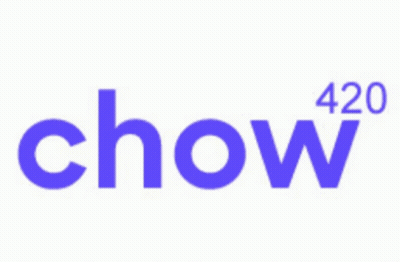 The Chow 420 Logo Is Purple And White On A White Background . GIF