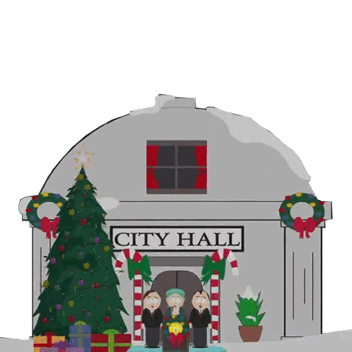 The City Hall Is Decorated For Christmas With A Christmas Tree And Presents Sticker
