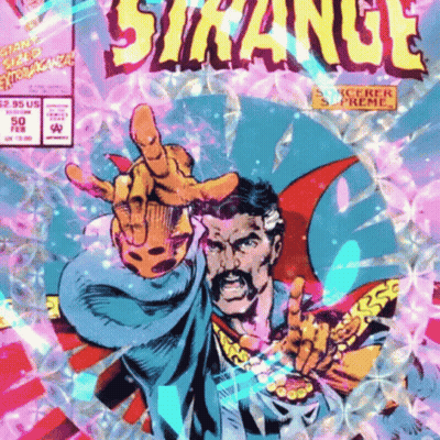 The Cover Of A Comic Book Called Strange Shows A Man Reaching Out His Hand GIF