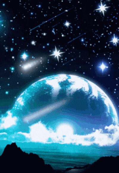 The Earth Is Surrounded By A Starry Night Sky With Shooting Stars GIF