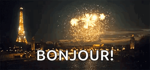 The Eiffel Tower Is Lit Up At Night With Fireworks In The Background And The Words Bonjour ! GIF