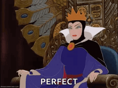 The Evil Queen From Snow White And The Seven Dwarfs Is Sitting On A Throne With The Words `` Perfect '' . GIF