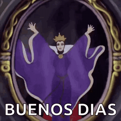 The Evil Queen From Snow White And The Seven Dwarfs Is Standing In Front Of A Mirror With Her Hands In The Air . GIF