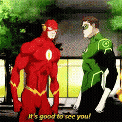 The Flash And Green Lantern Standing Together Green Lantern Says It's Good To See You GIF