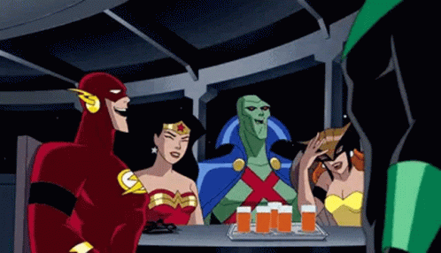 The Flash , Wonder Woman , And Green Lantern Are Sitting At A Table With A Tray Of Orange Juice . GIF