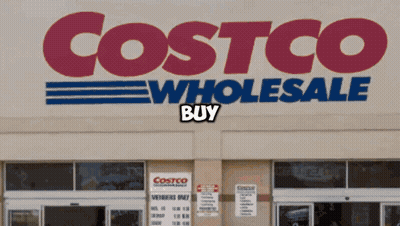 The Front Of A Costco Wholesale Store With A Sign That Says Buy GIF
