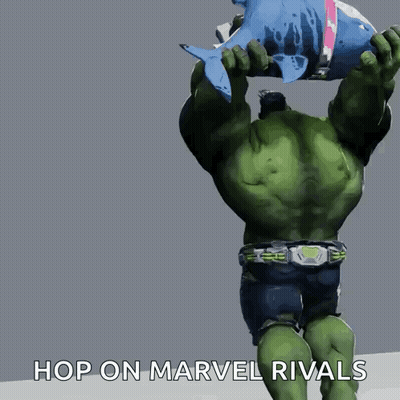 The Hulk Is Holding A Shark Over His Head With The Words Hop On Marvel Rivals Written Below Him GIF