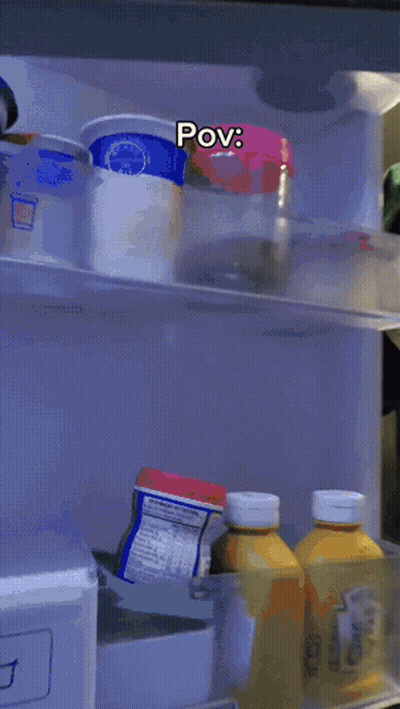 The Inside Of A Refrigerator With The Words Pov Written Above It GIF