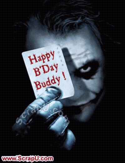The Joker Is Holding Up A Card That Says Happy Bday Buddy GIF