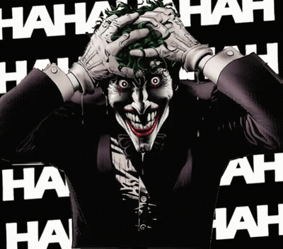 The Joker Is Laughing With His Hands On His Head And The Letters Hah Are Behind Him GIF