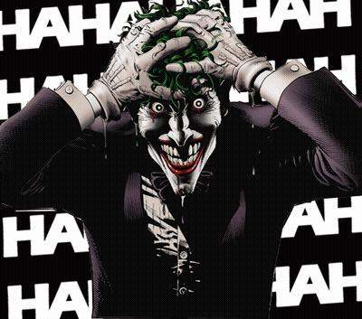 The Joker Is Laughing With His Hands On His Head And The Letters Hah Are Behind Him GIF