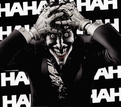 The Joker Is Laughing With His Hands On His Head And The Words Hah Hah Hah Are Surrounding Him GIF