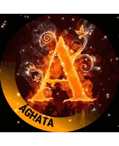 The Letter A Is Surrounded By Flames And The Name Aghata Is On The Bottom Sticker