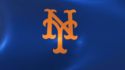 The Logo For The New York Mets Is Shown On A Blue Background GIF